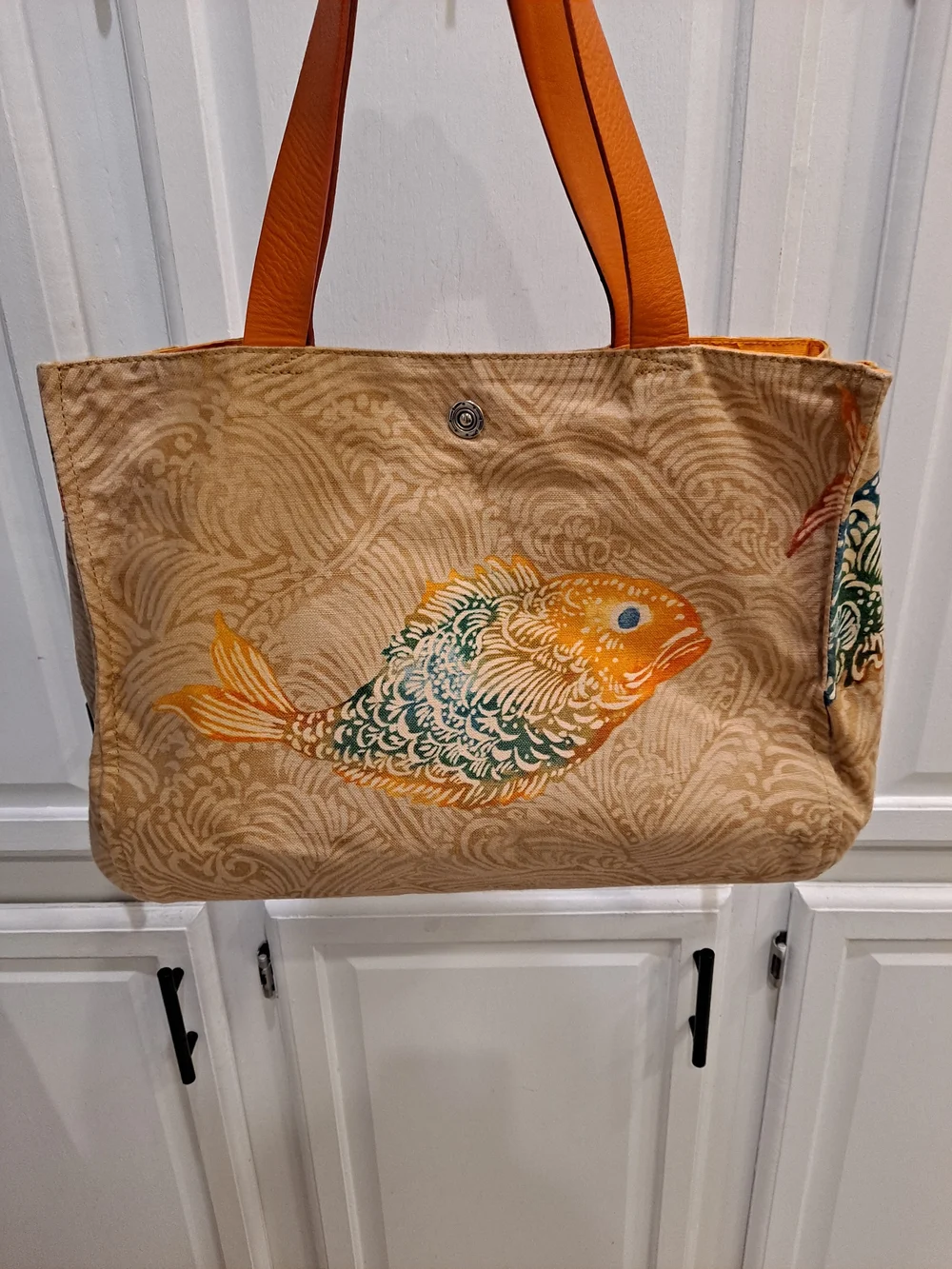Jim Thompson Vintage 'Meena' Beige Orange Canvas Tote Iconic Barramundi Fish
